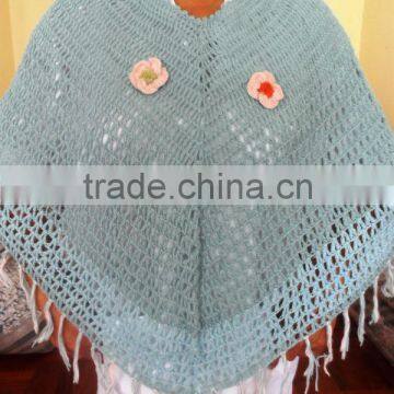 100% Baby Alpaca Knitted Poncho Cape with Roses Peru Handmade