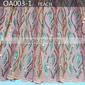 Fashion design 2016 best selling french lace organza embroidery fabric OA003-1 peach