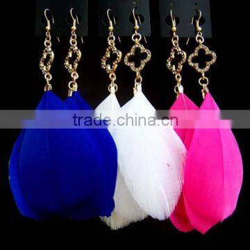 Pave Quatrefoil Shinny Color Feather Earring