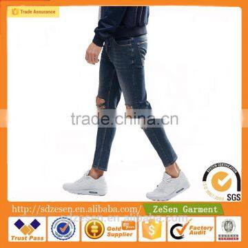 Men Custom Apparel Skinny Cropped Jeans Ripped Denim Pants With Extreme Rips In Blue Wash photo-2