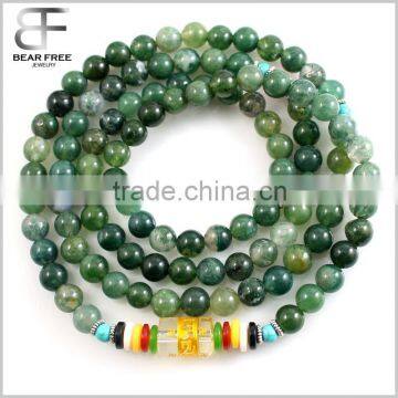 6mm 108 Tibetan Buddhist Natural Moss Agate Green Turquoise Beads Prayer Mala Meditation Necklace Bracelet