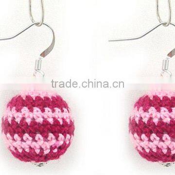 Fashion wood beads weaved with pink-red woolen yarn earrings ,Customized Colors or LOGO and OEM desigtn accept