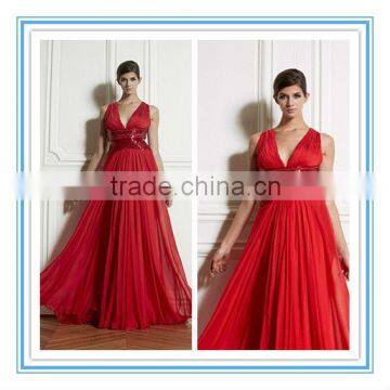 Stunning Red V Neckline Chiffon girls party dress Evening Dresses 2015(EVZU-1005)