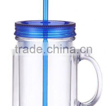 Clear plastic Mason Jar Tumbler Mug With Lid and Straw