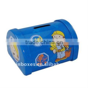 blue D shaped tin money saving box