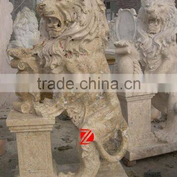 yellow travertine lion sculpture,marble standing lion statue