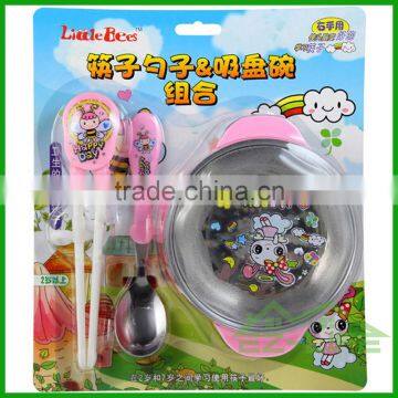 Stainless steel food feeding bowls with spoon and plastic chopsticks kids tableware set