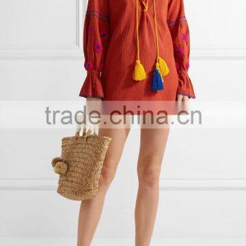 Bohemian Clothing Boho Mexican Peasant Embroidered Crinkled Cotton Mini Dresses With Pompom HSD5939 photo-2