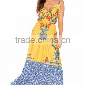 butterfly printing ruffle maxi dress latest design long dress for woman