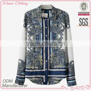 OEM service China factory custom shirt elegant women loose white and blue print blouse long sleeve cotton top