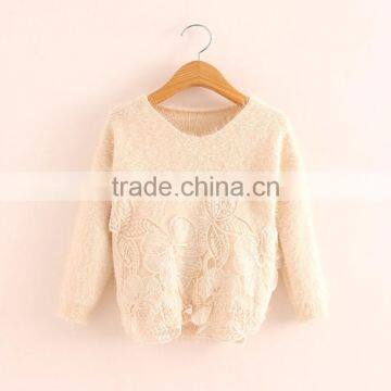 Fancy Girls Pullover Furry Mohair Swearer With Lace Flower Embroidery photo-3