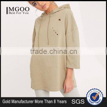 MGOO Women Lightweight Distressed Half Sleeve Hoodie Plain Ripped Pullover With Drawstrings Drop Shoulder