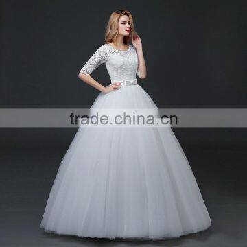 MGOO Custom Made Less 100 USD Tulle Lace Applique Wedding Dress Slash Neck 3/4 Sheer Neck Elegant Handmade photo-3