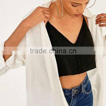 Jacquard Low Cut Spaghetti Straps Cropped Cami Womens Tank Top With Buttons photo-4