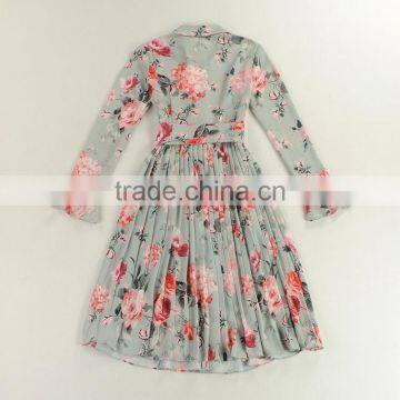 Ladies Full Printing Bouffant Lotus Long Sleeve Temperament Dress With Belt photo-3