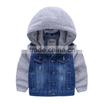 Fashional splicing with hood knitted kids denim jacket