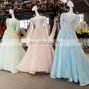 LS00343 O-neck long sleeve real blue lace up appliques long sexy japanese long train prom dresses