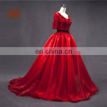 Supplier In China Shiney Short Sleeve Ball Gown Organza Handmade Flower Beaded Red Prom Dress photo-3