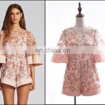 high quality short sleeve transparent hollow lace flower especially short jumpsuit