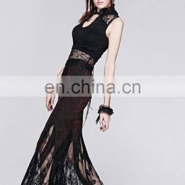 Q-257 Punk Rave Gothic Dark Red Lace Long Mermaid Skirt photo-5