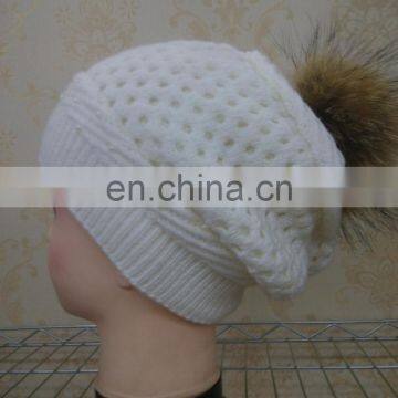 Real Wool Knitted With Raccoon Fur Pompom Beanie Hat Pretty Wool Knitted Raccoon Fur Ball Hat photo-4