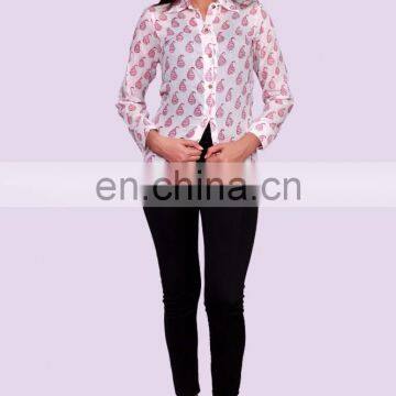 Summer Women's Fashion Indian Beautiful Cotton Long Sleeve Block Print Shirt Blouse Tops