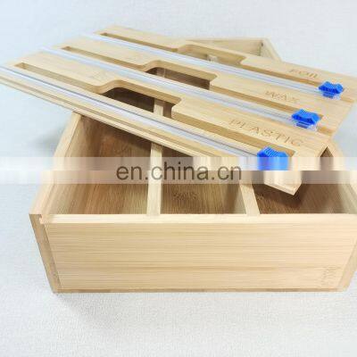 Custom Plastic Wrap Slip Packing Dispenser Cutter Kitchen Natural Bamboo Wood Fresh Food Packaging Dispenser Storage Box