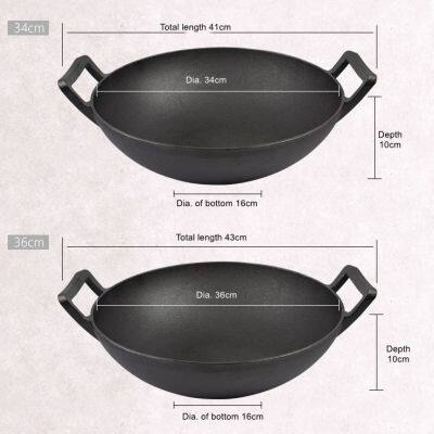 Chinese Traditional Black Round Pre-flavored Non Stick Pan 32/36cm Thickened Flat Cast Iron Wok With Double Handle photo-2