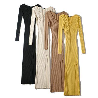 2025 Neues Mode-Elegantes Damenkleidungs-Wholesale V-Hals Geometrisches Muster Schlitzlangkleid photo-4