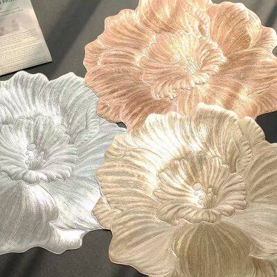 Round Placemats Set of 6 Gold Flower Table Mats Vinyl Dining Table Placemats 15 Inch Washable Waterproof for Wedding Gathering Kitchen Decor