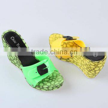 Fashion Fluorescent Color Slippers Wedge Heel Slippers Plastic Button Decorative Slippers