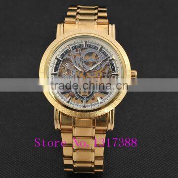 New Fashion Gold Skeleton Watch Men Luury Brand Self Wind Mechanical Wristwatches Male Stainless Steel Analog Clock W125 photo-3