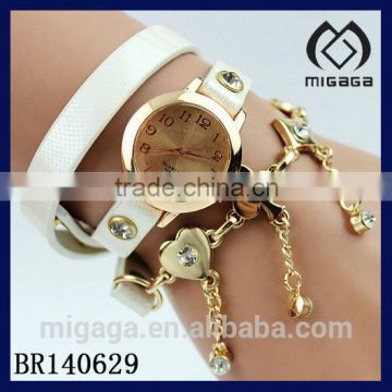 fashion white pu leather cheap leather bracelet watch with dangling charms and crystals