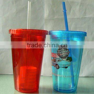 Double wall plastic tumbler with lid and straw