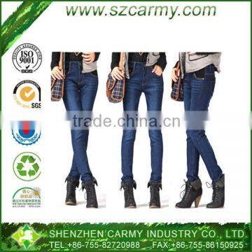 winter thick with fleece lining inside lady's fitted bottom-up denim jeans