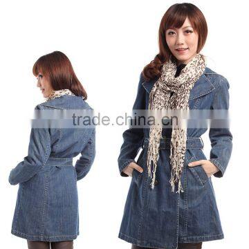 Women's Denim Jeans Trench Coat With Cotton Lining Inside Belt Fitness Lady Jacket