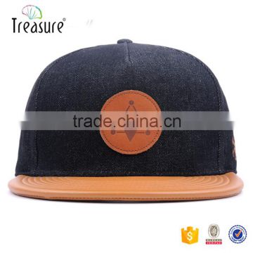 custom made wholesale snapback hat leather fabric brim with leather patch