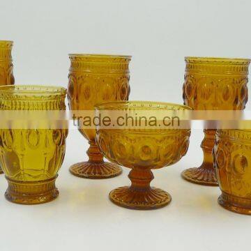 press glass drinkingware/goblet, Hiball, DOF, dessert bowl,Champagne flute in amber color with Jewery patern