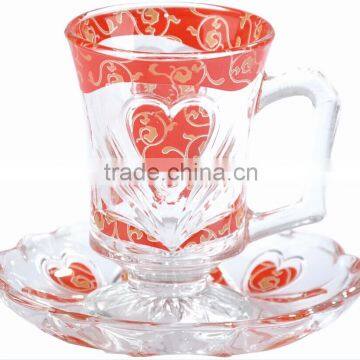6pcs glass tea cup and saucers glass tea cup sets glass decal tea cup and saucers