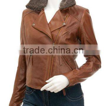 women leather jackets & cognac color and fur on collar