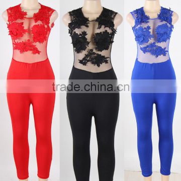 2016 Wholesale fashion 3 colors ready stocklot lace and wet look sex jumpsuit