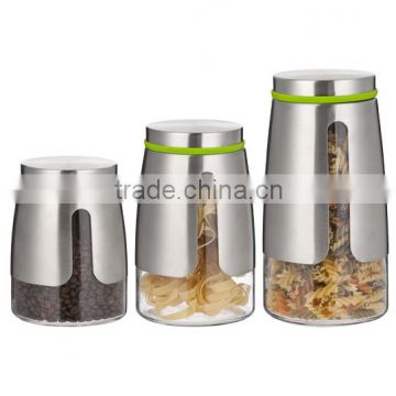 Sinoglass 3Pcs glass with an elegant stainless steel sleeve Storage Jar Set