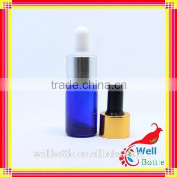 blue glass dropper bottle with rubber dropper sealing type golden lid for essential oil bottle