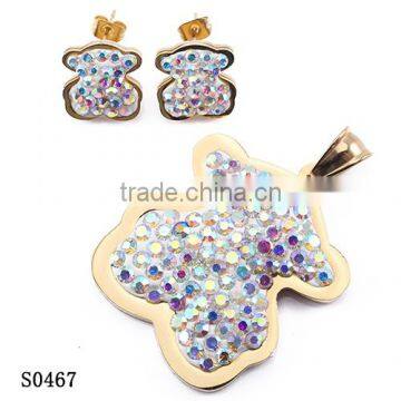 Spain popular design multi color shiny stone teddy bear shape jewelry set for Halloween party