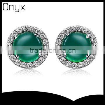 Silver stering natural jade with paving setting ear studs for women