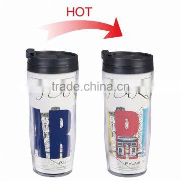 custom printed color changing double wall plastic thermos mug with your own design