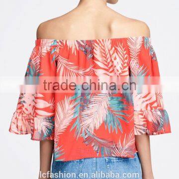 Tropical Plant Print Tunic Tops off the Shoulder Puff Sleeve Womens Shirts photo-3