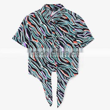 Custom OEM Service Women All Over Printed Swallow Tail Short Sleeve Lady Blouse & Top With Stand Collar photo-6
