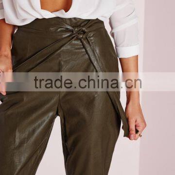 New Arrival Khaki Tie Waist Faux Leather Pants Women photo-5