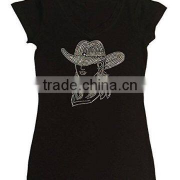 Women's Wine & Friends Rhinestone Bling V-Neck Short Sleeve Shirts Black